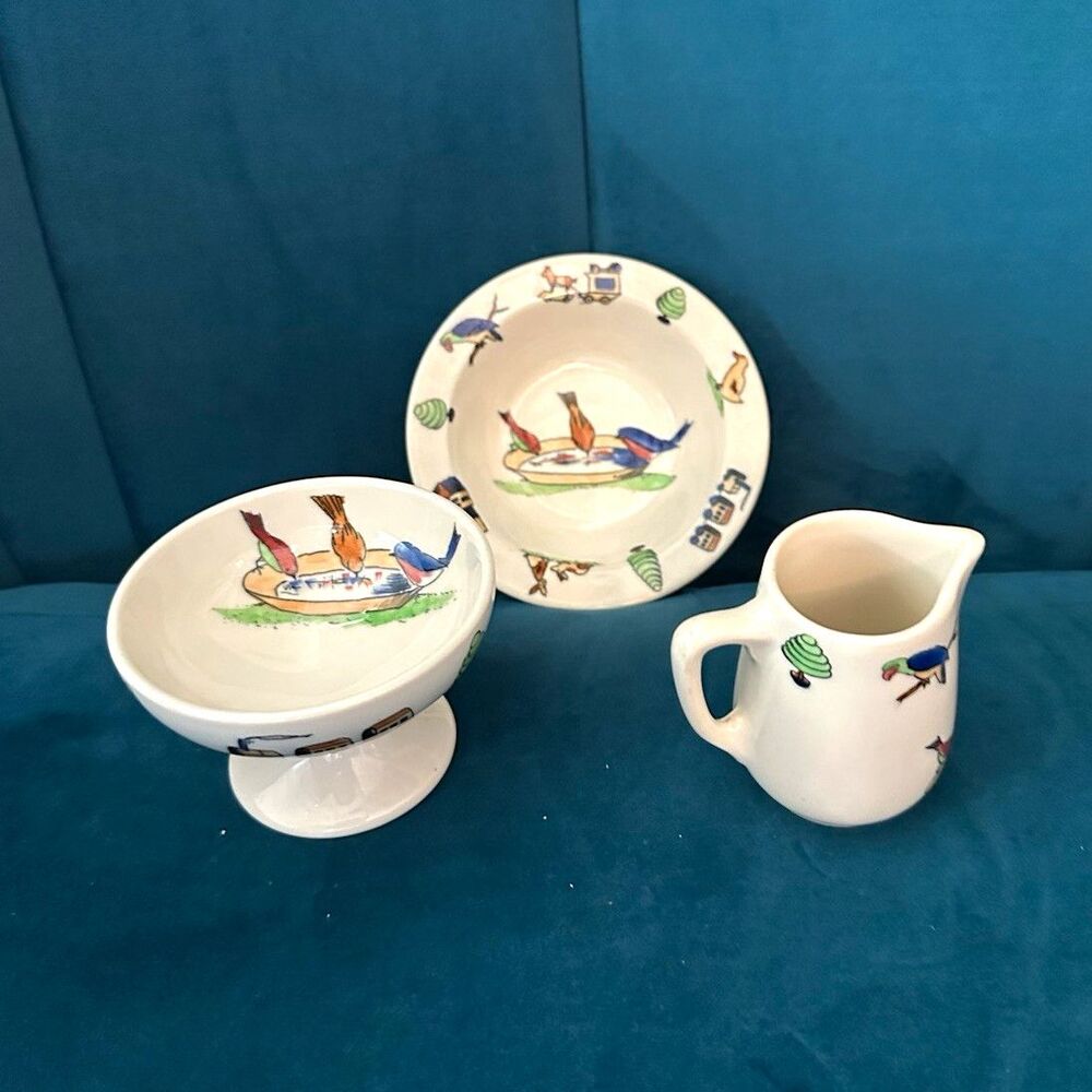 Old Ivory Syracuse 3pc Set Birds Ceramic ocpo children’s dishes pitcher bowls